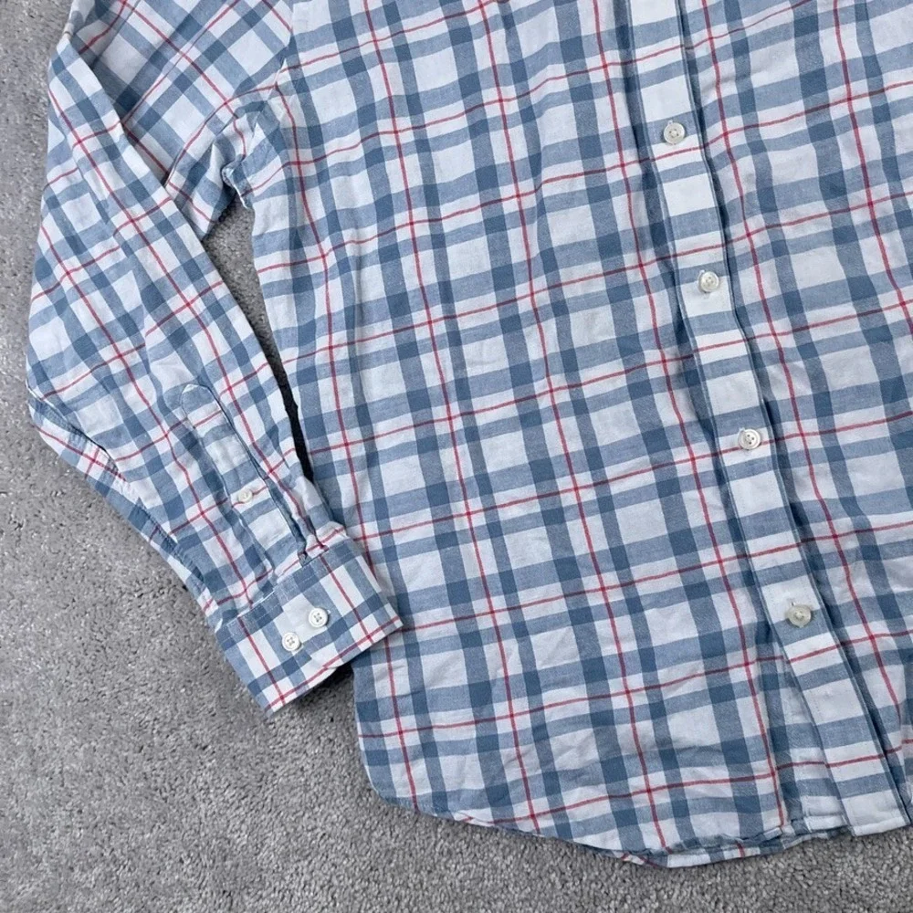 Banana Republic Mens Shirt Large Grey Red Checkered Linen Blend Coastal‎ Preppy